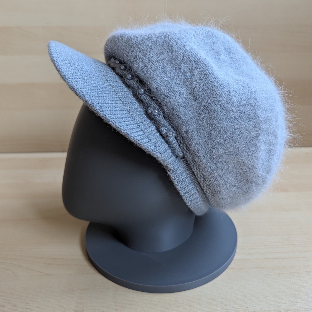 Angora Cashmere Newsboy Cap Pearl Embellished Fleece Lined Winter Hat Gray Blue